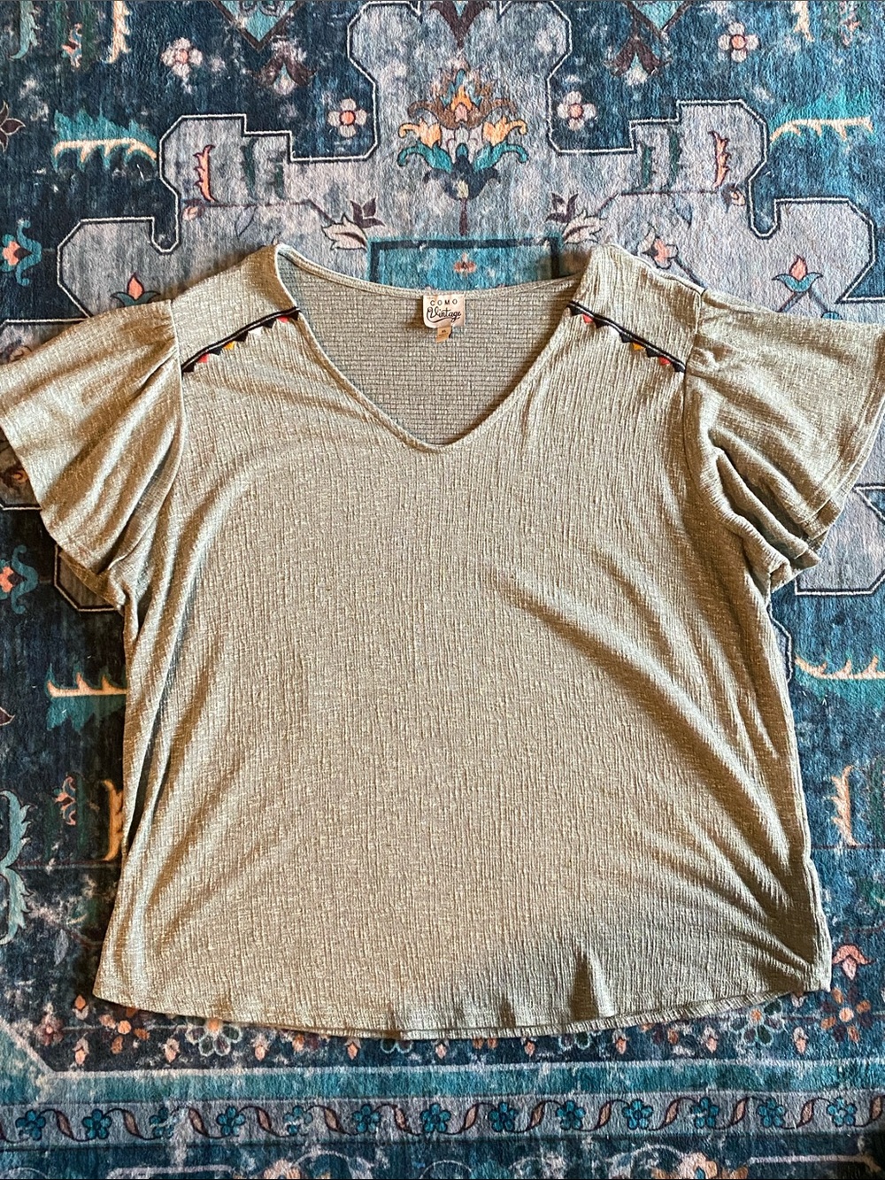 NWOT Como Vintage Olive Green V-Neck Short Flutter Sleeve Tee